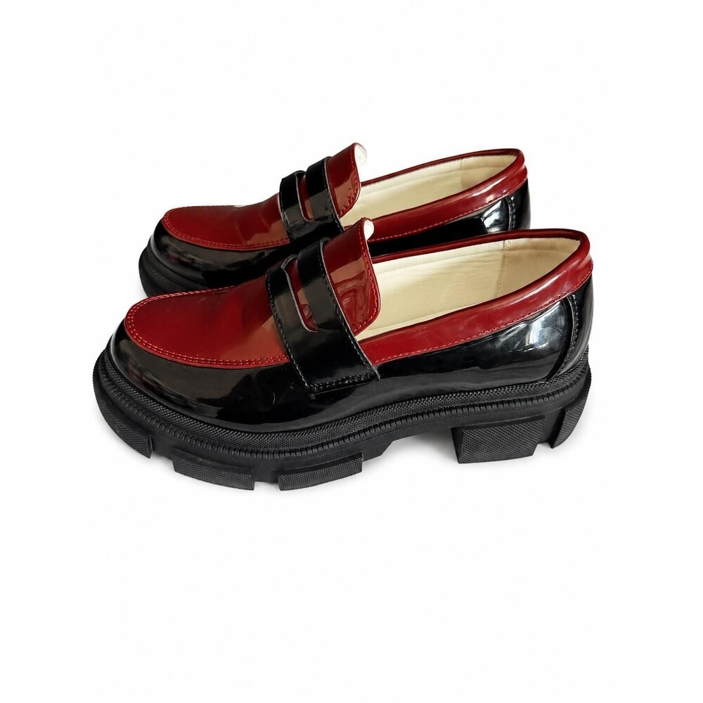 Yetier Womens Black Red Patent Leather Platform Penny Loafer Chunky Sole 6